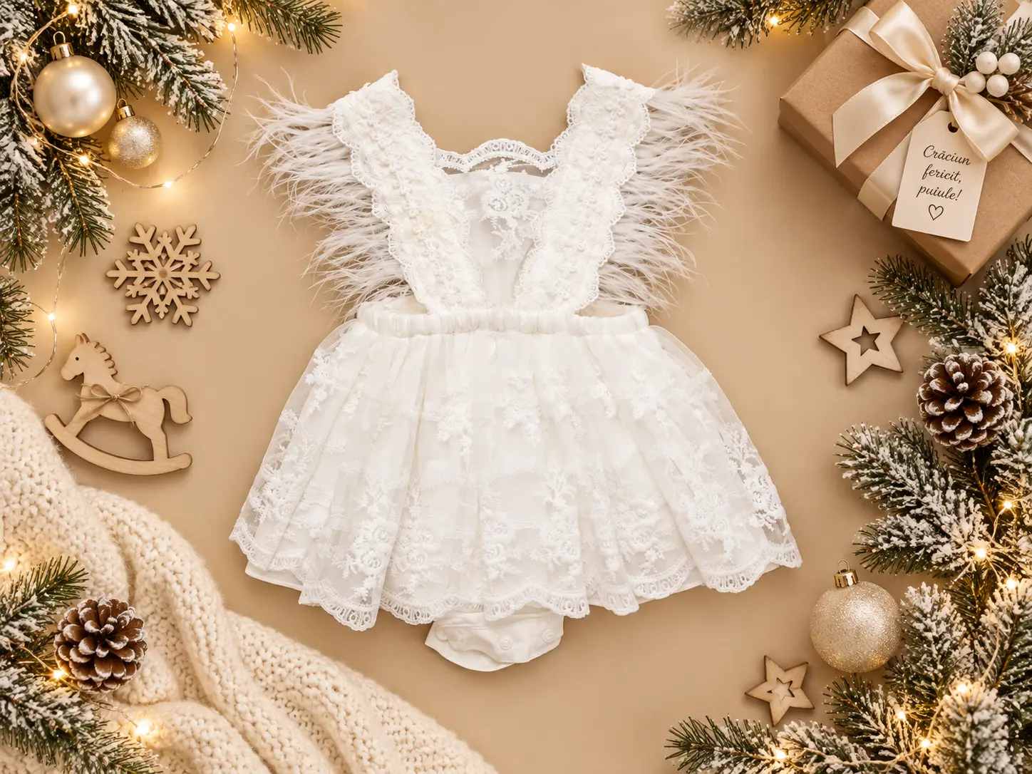 Body angelic din dantelă albă pură cu pene fine