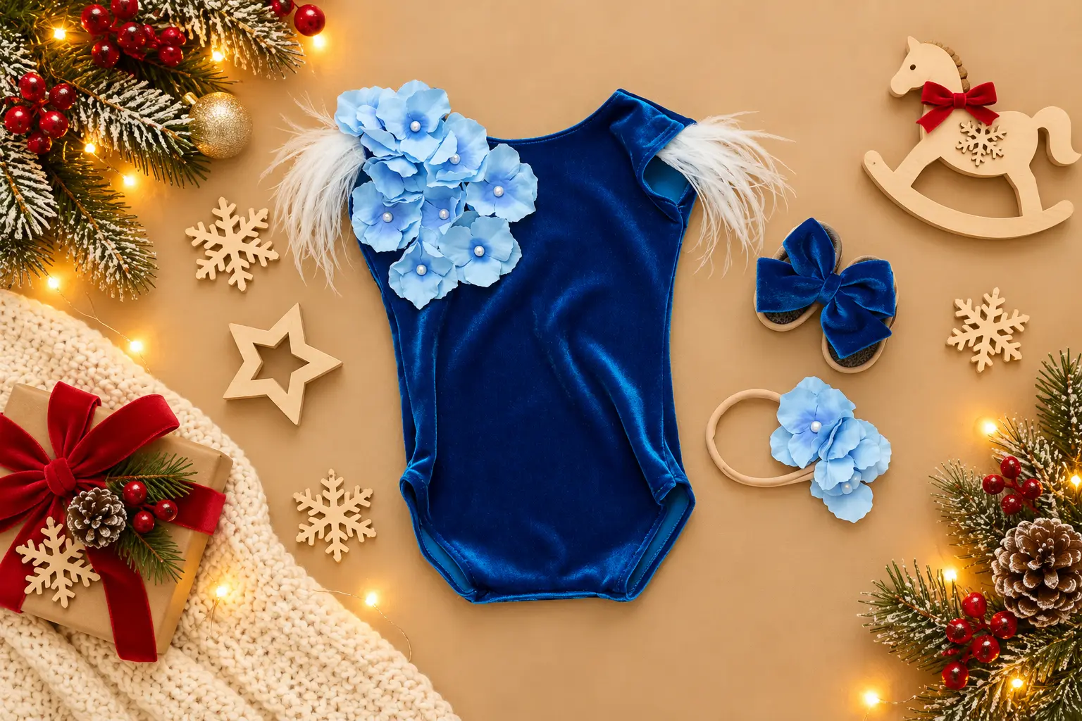 Body din catifea albastră regală cu flori și pene