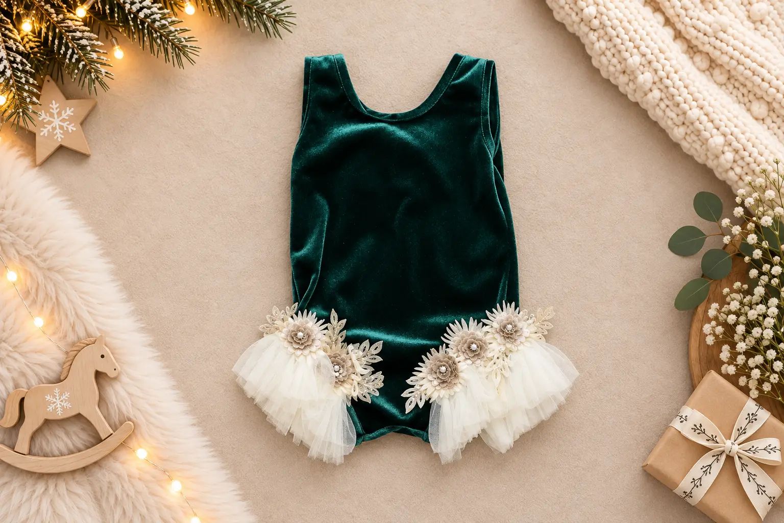 Body din catifea verde smarald cu flori 3D și volane tulle