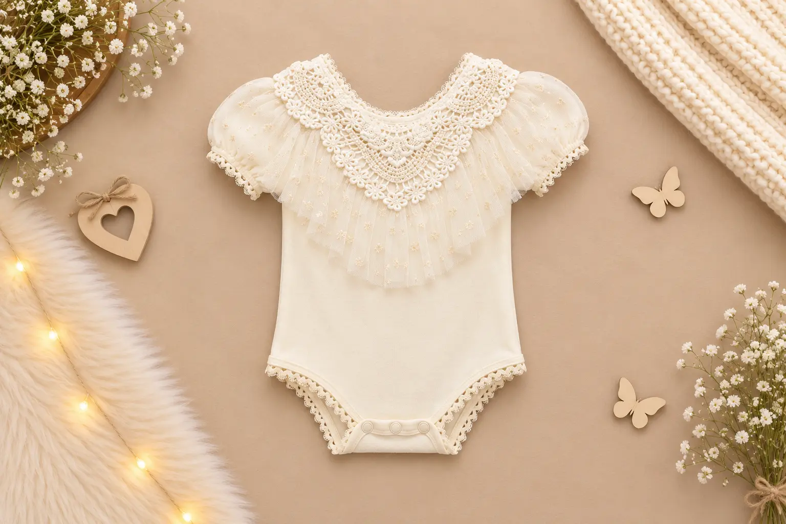 Body crem elegant cu mânecuțe bufante și guler din dantelă