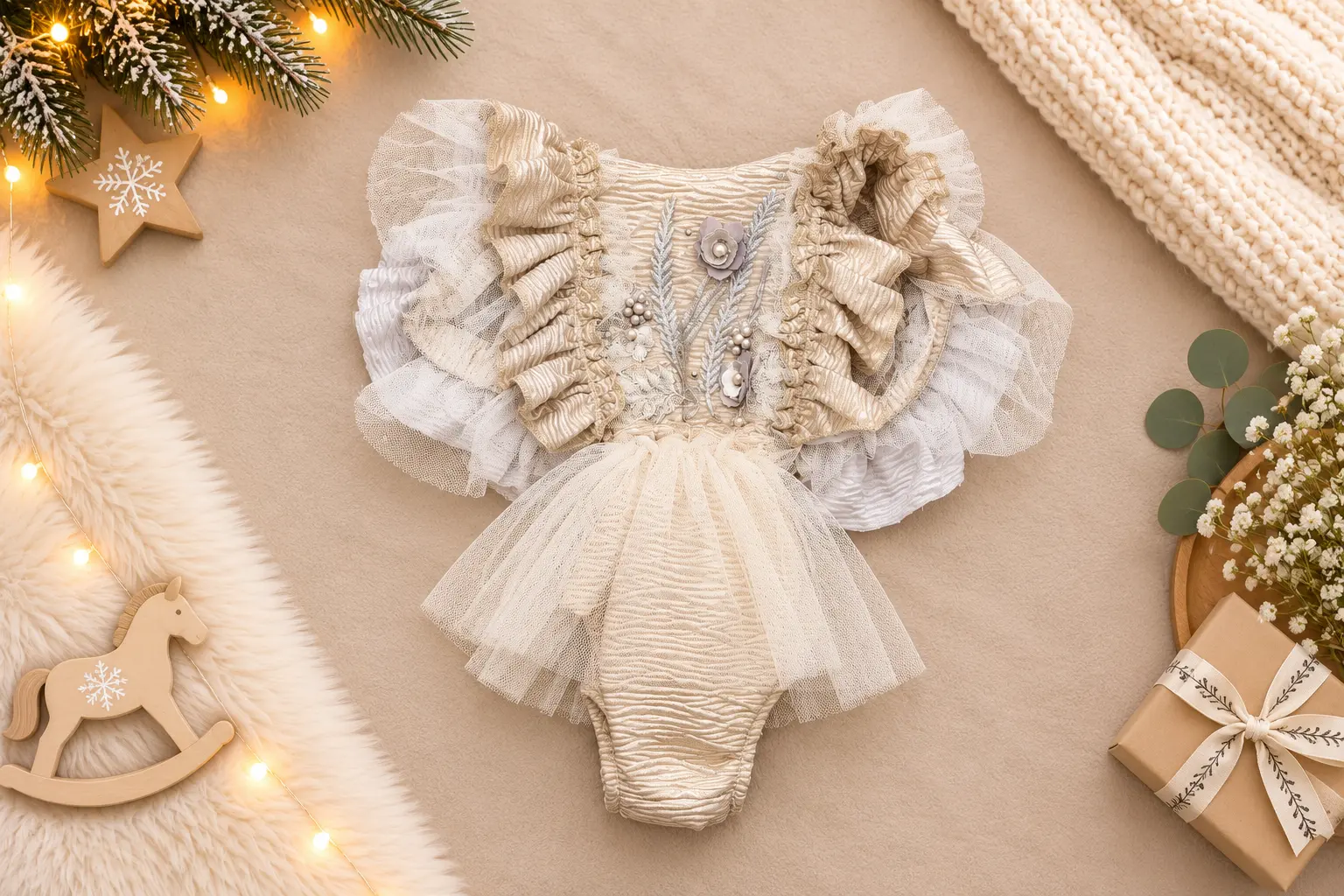 Body princiar ivoire cu volane ample din dantelă și broderie