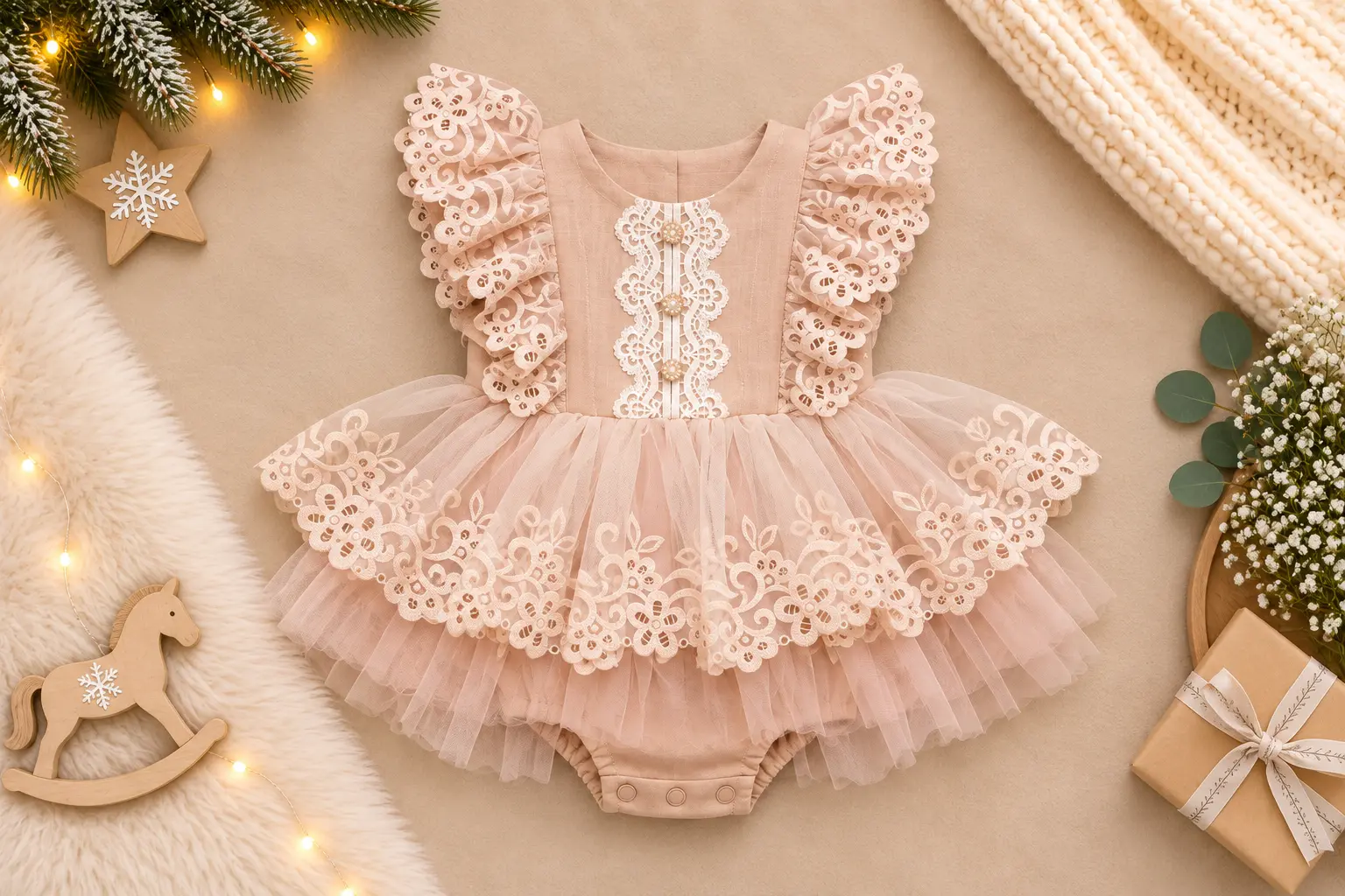 Body roz blush cu fustiță din tulle brodat și perle