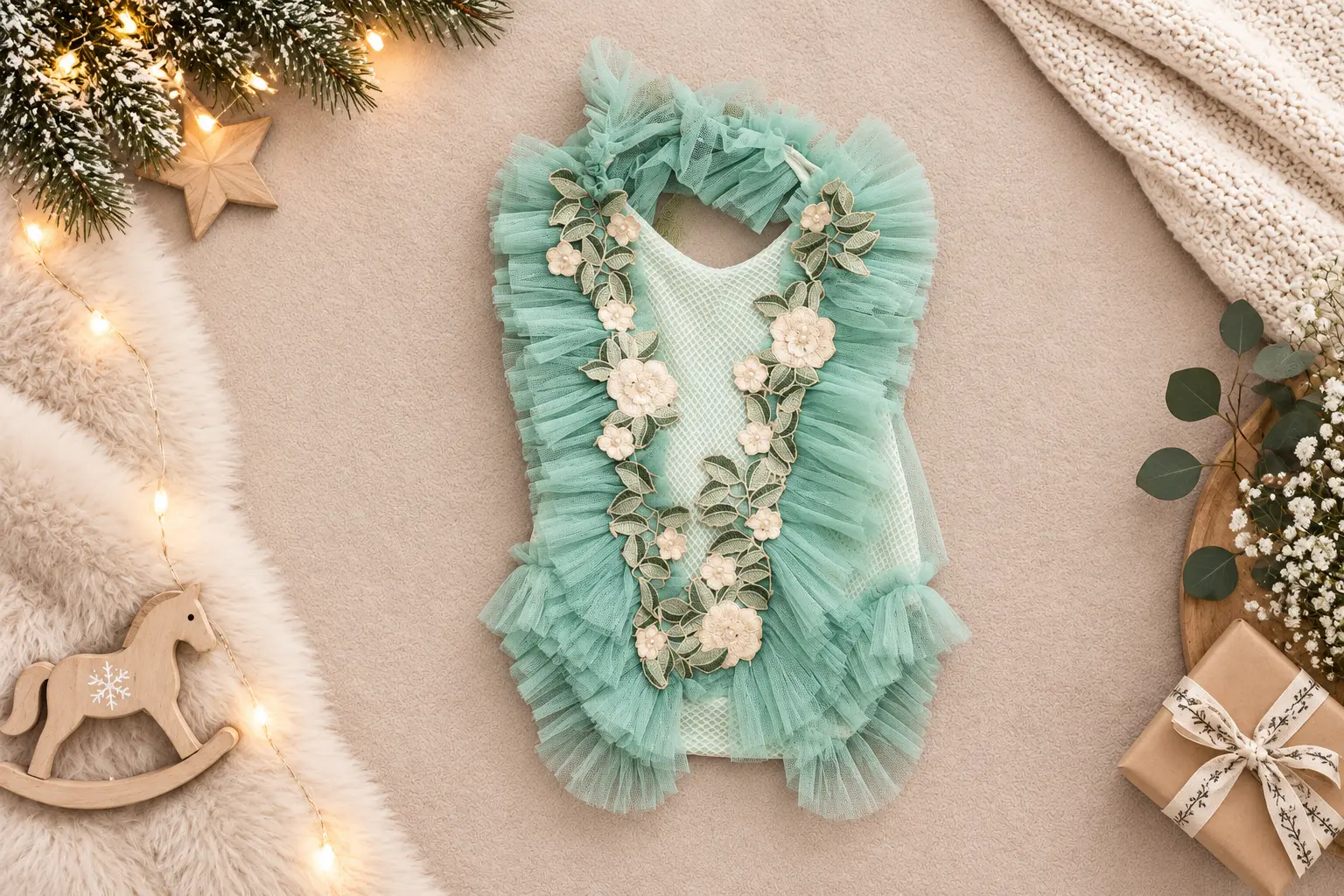 Body verde mentă pastel cu volane de tulle și flori 3D