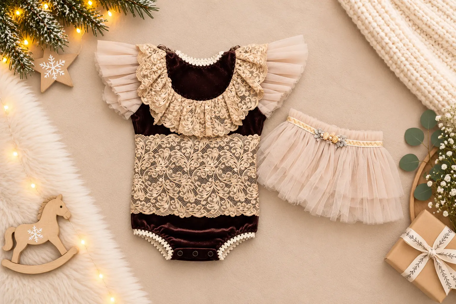 Costumaș din catifea ciocolatie cu dantelă și fustiță de tulle