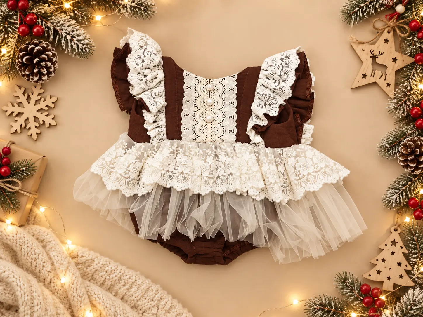 Romper maro ciocolatiu cu volane din dantelă vintage și tulle