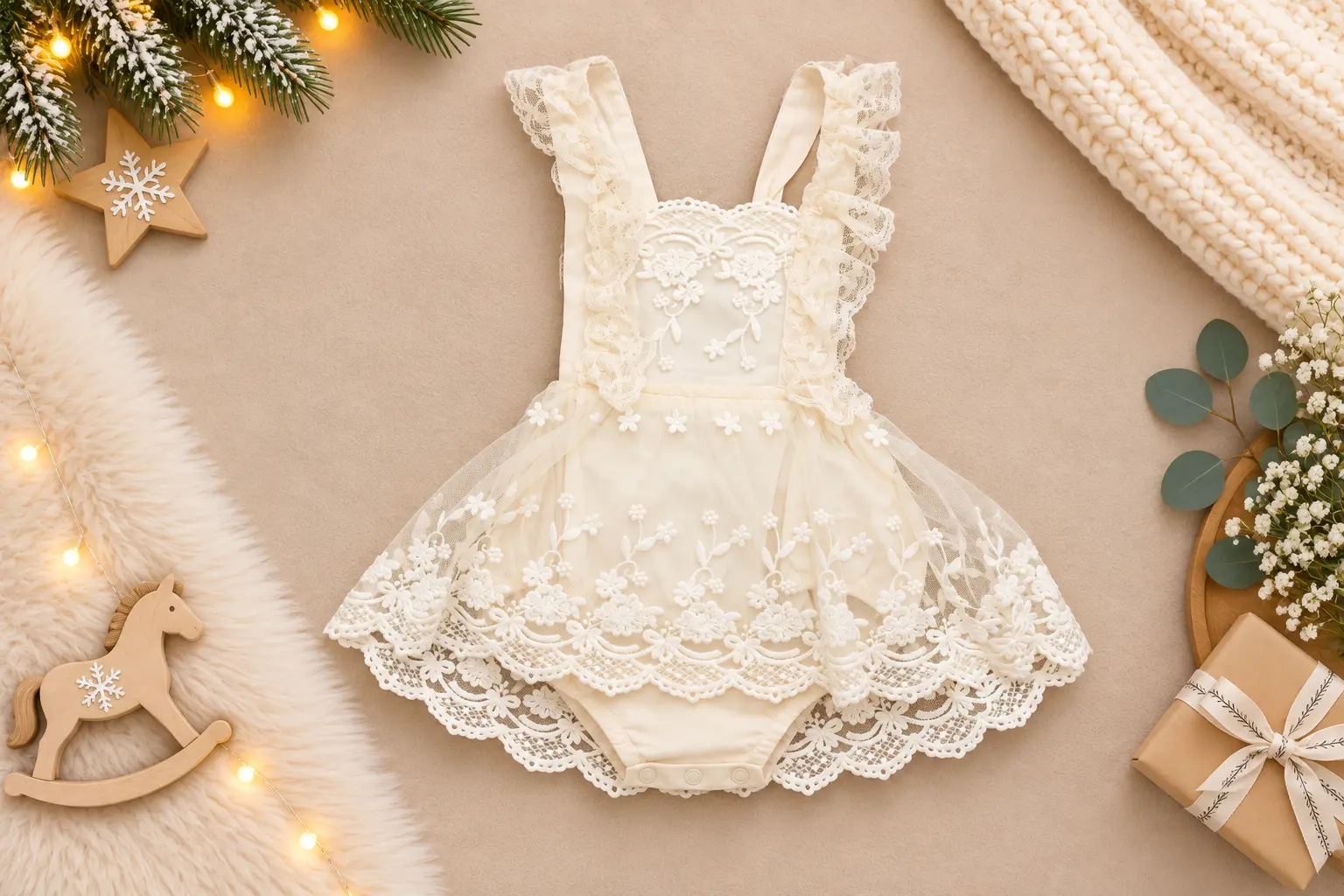 Salopetă boho din dantelă florală croșetată ivoire