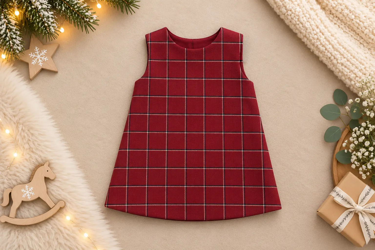 Sarafan clasic din tartan scoțian roșu de Crăciun