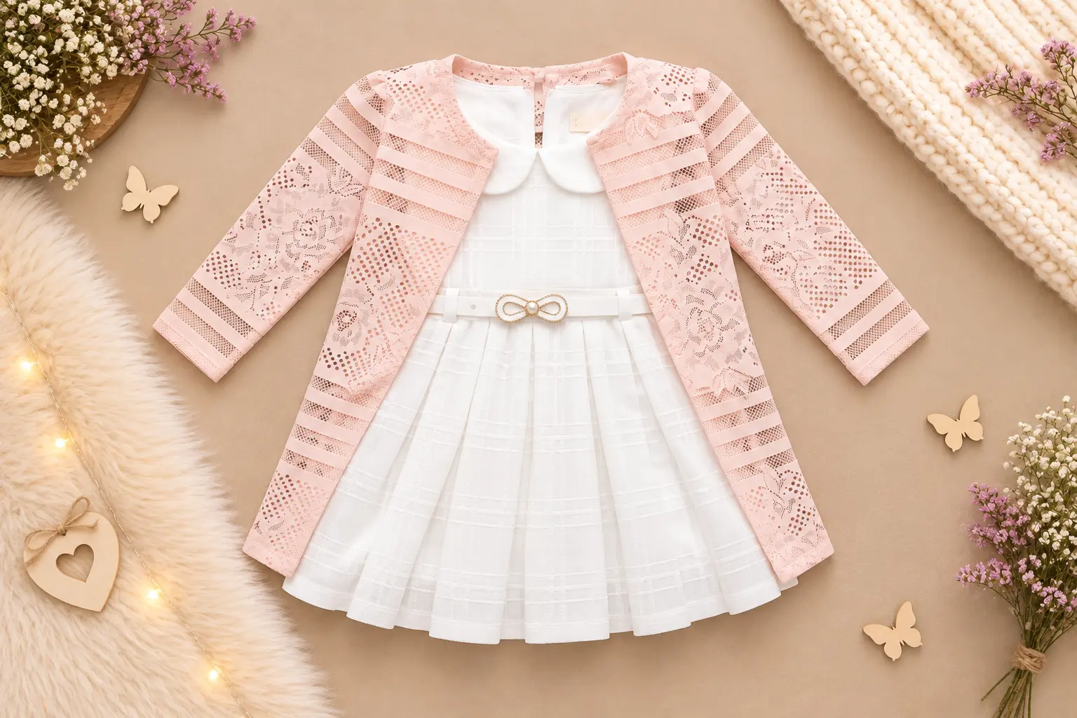 Set elegant rochiță albă plisată și bolero din dantelă roz