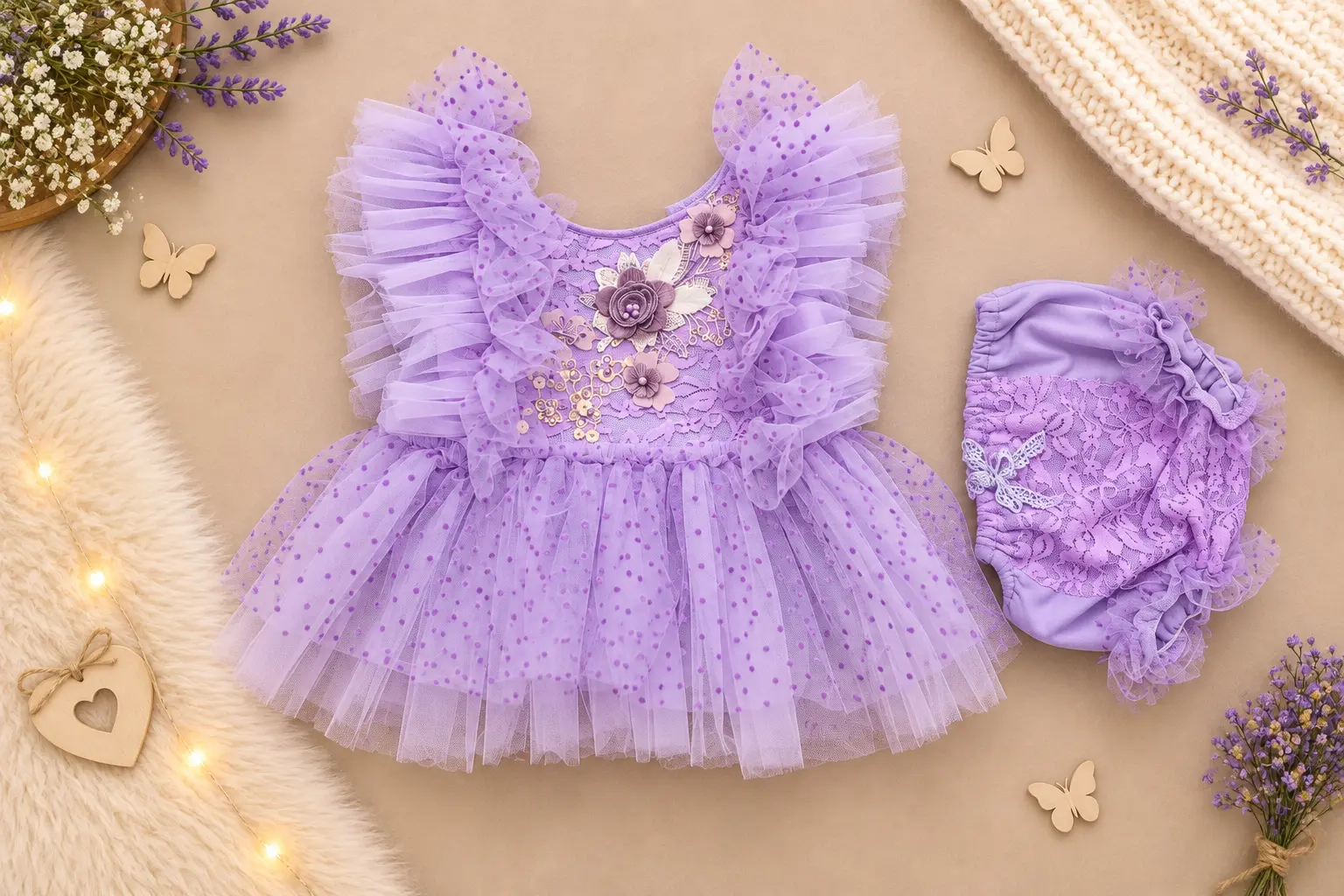 Set rochiță din tulle lila lavandă cu flori 3D